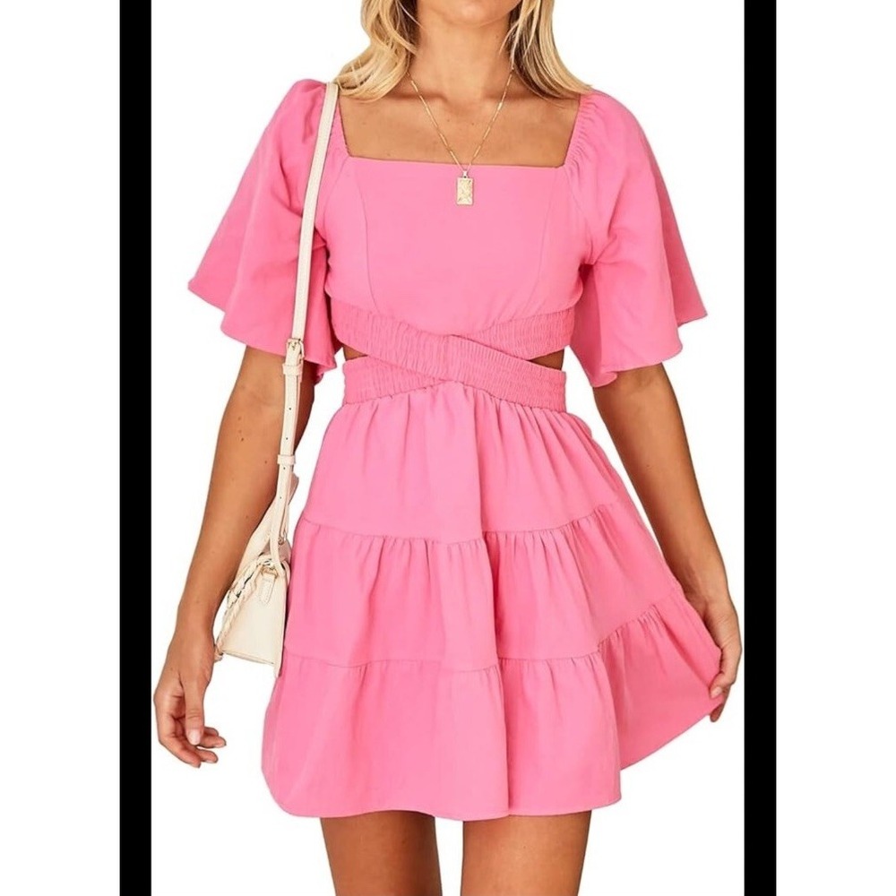 NWT Shy Velvet Women M Pink Cutout Waist Criss Cross Open Smocked Tiered Dress